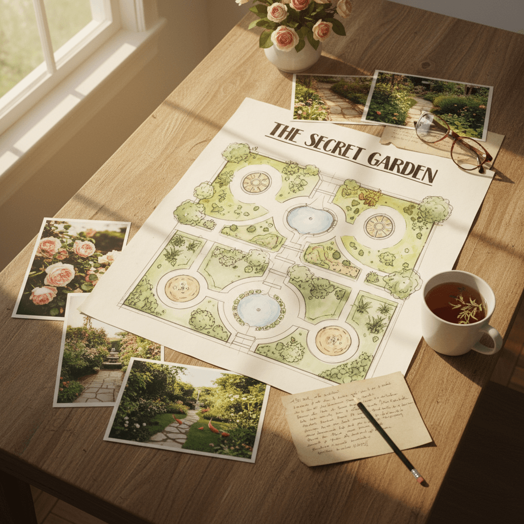 Landscape design sketches and plant photos spread across a work table