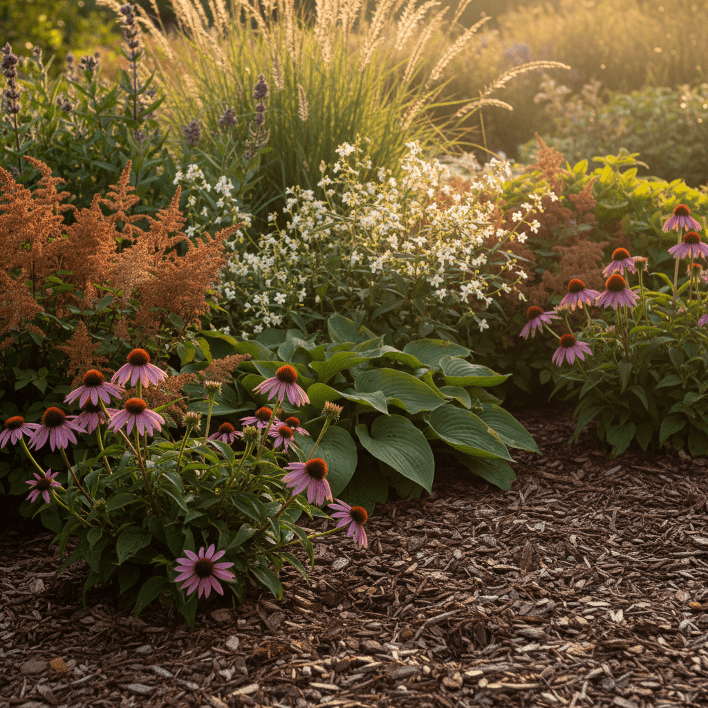 Tidy garden bed with layered plants and fresh mulch