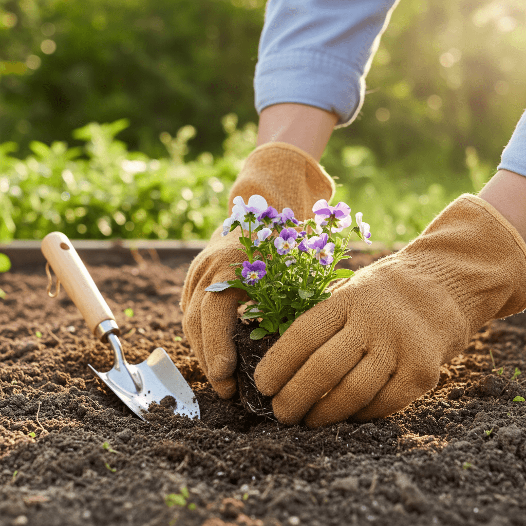 Close-up of hands in work gloves planting a young perennial in dark soil