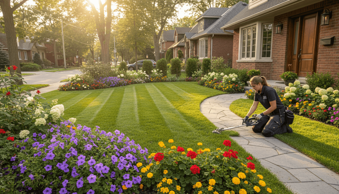 Landscaper trimming the edge of a manicured Toronto front lawn