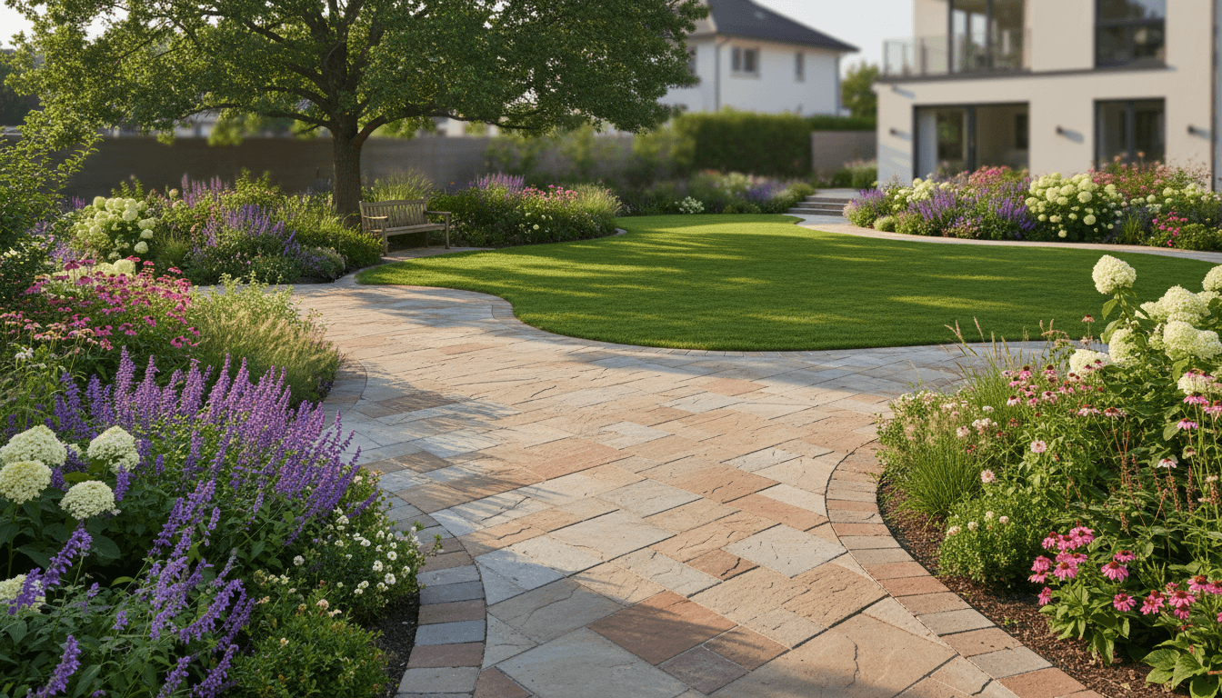 Completed interlock patio with plantings