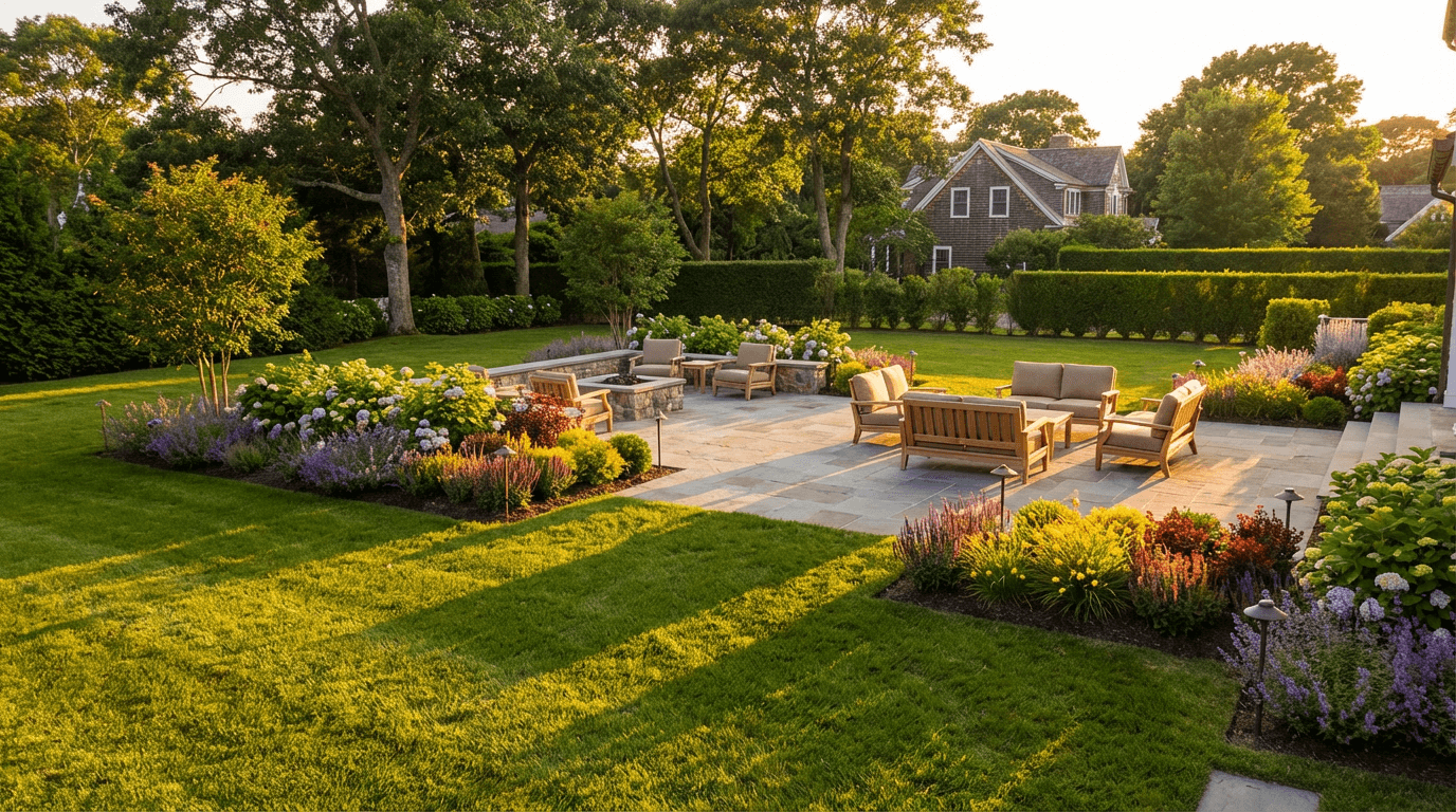Backyard patio with healthy lawn and flower beds