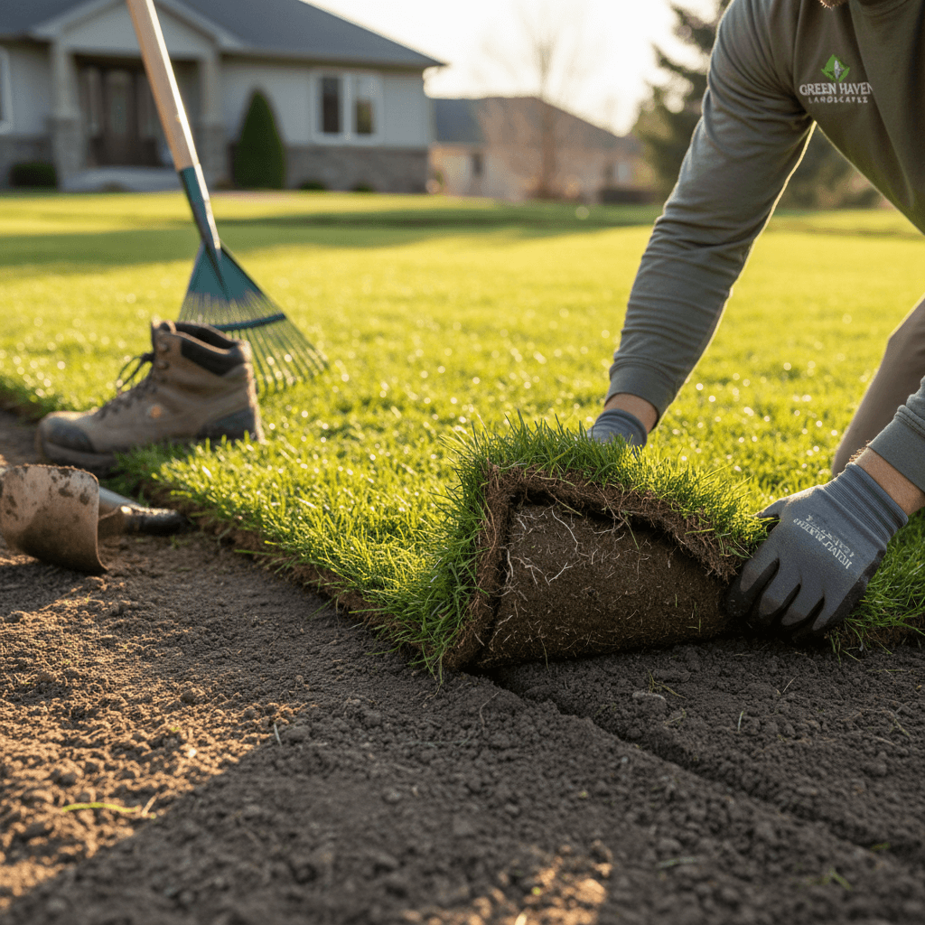 Freshly installed sod lawn in a Toronto backyard with garden beds