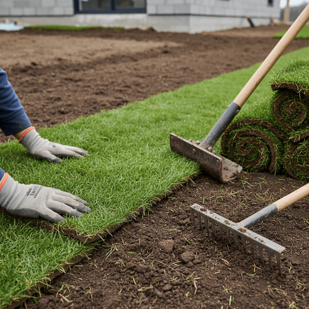 Landscaper laying sod in a backyard
