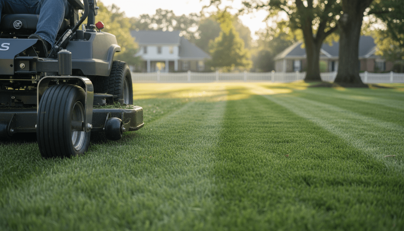 Neatly edged residential front lawn with crisp mowing stripes
