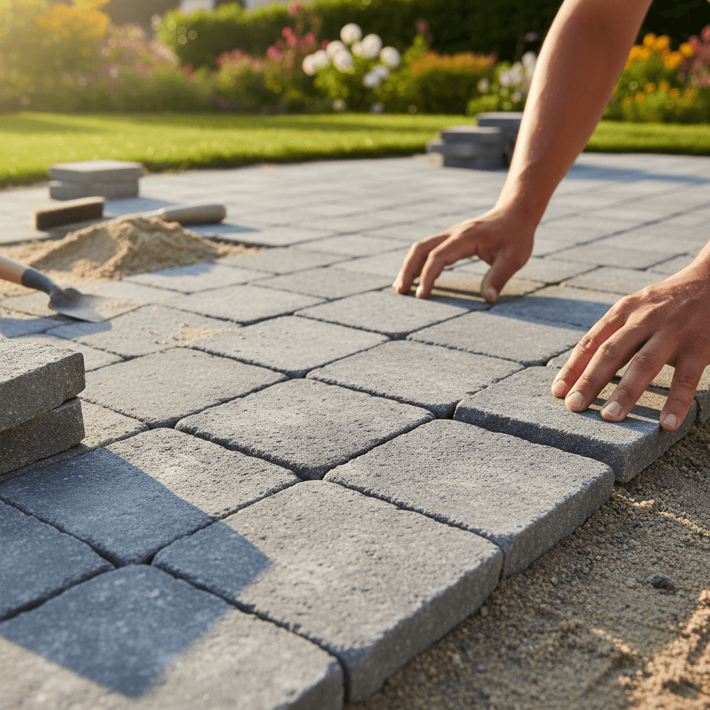 Stone patio and garden path installation at a Toronto commercial property