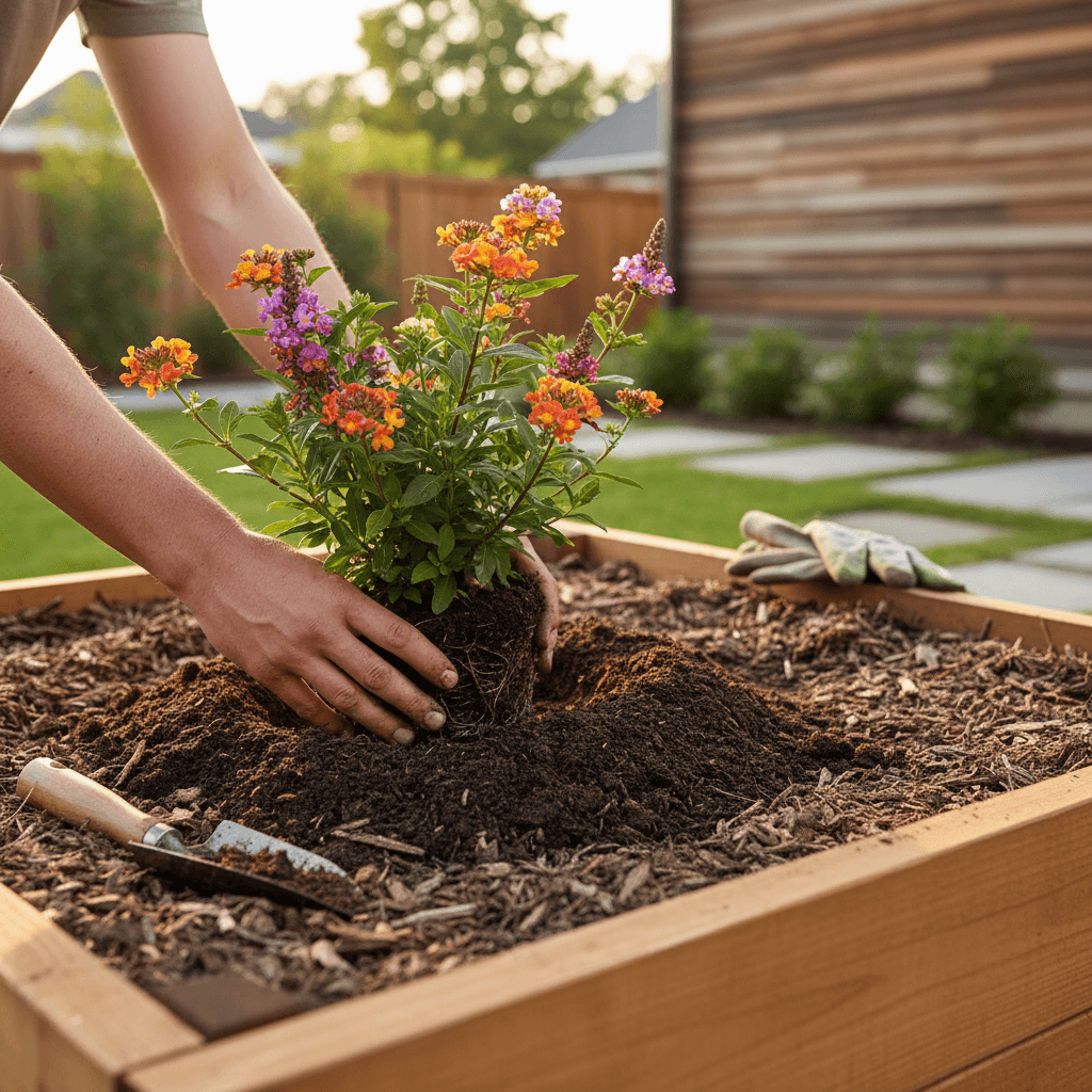 Landscaper planting a shrub in a Toronto backyard garden bed