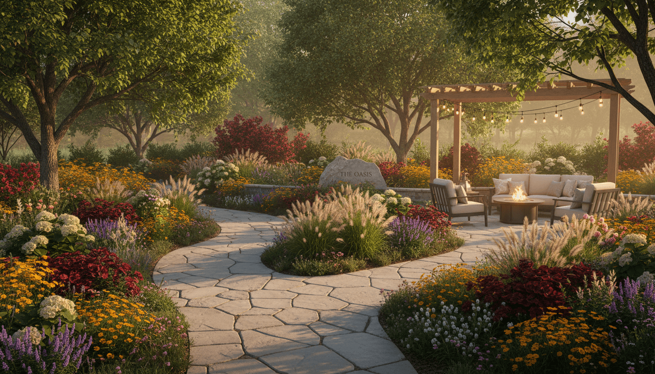 Newly installed front lawn with flower beds