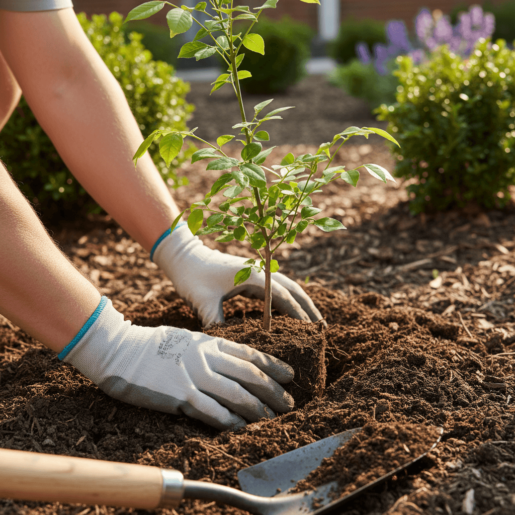Landscaper's hands planting a perennial in rich soil
