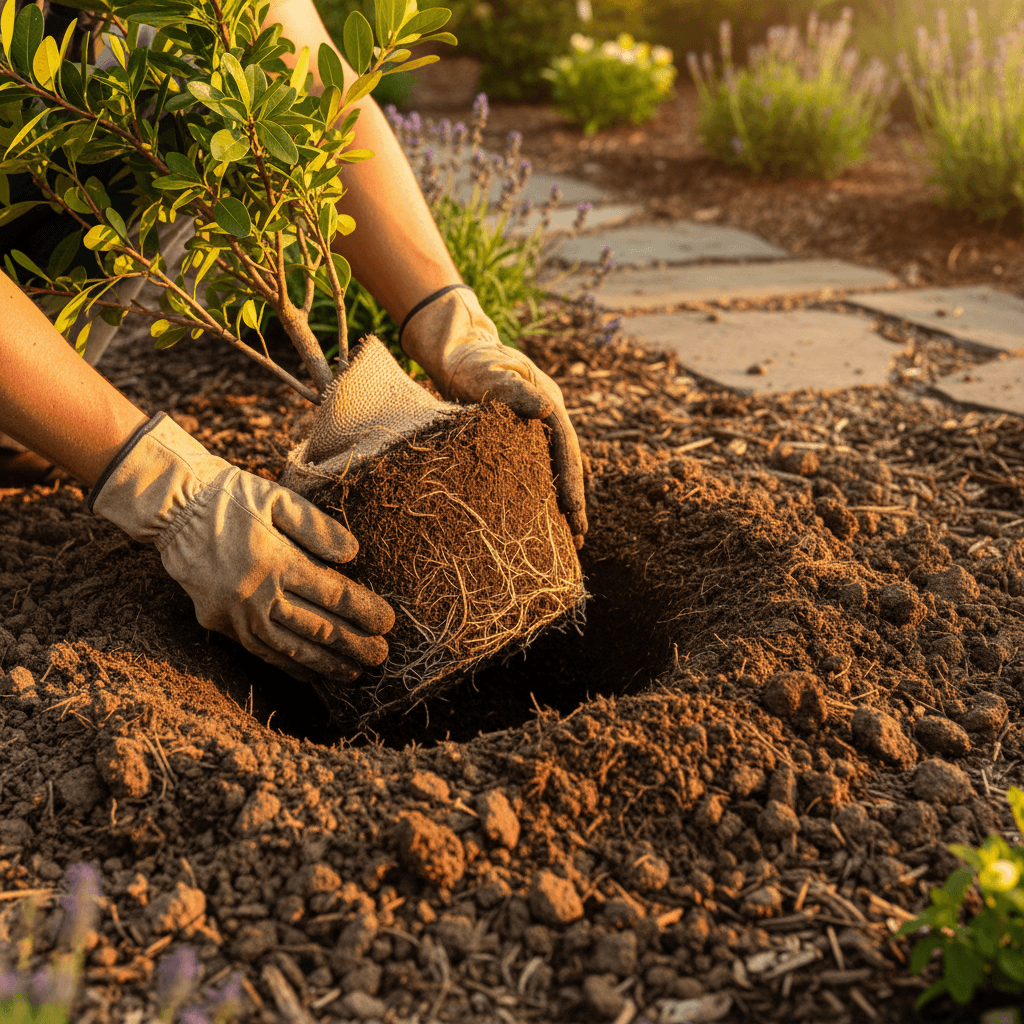 Landscaper planting a shrub in a Toronto backyard