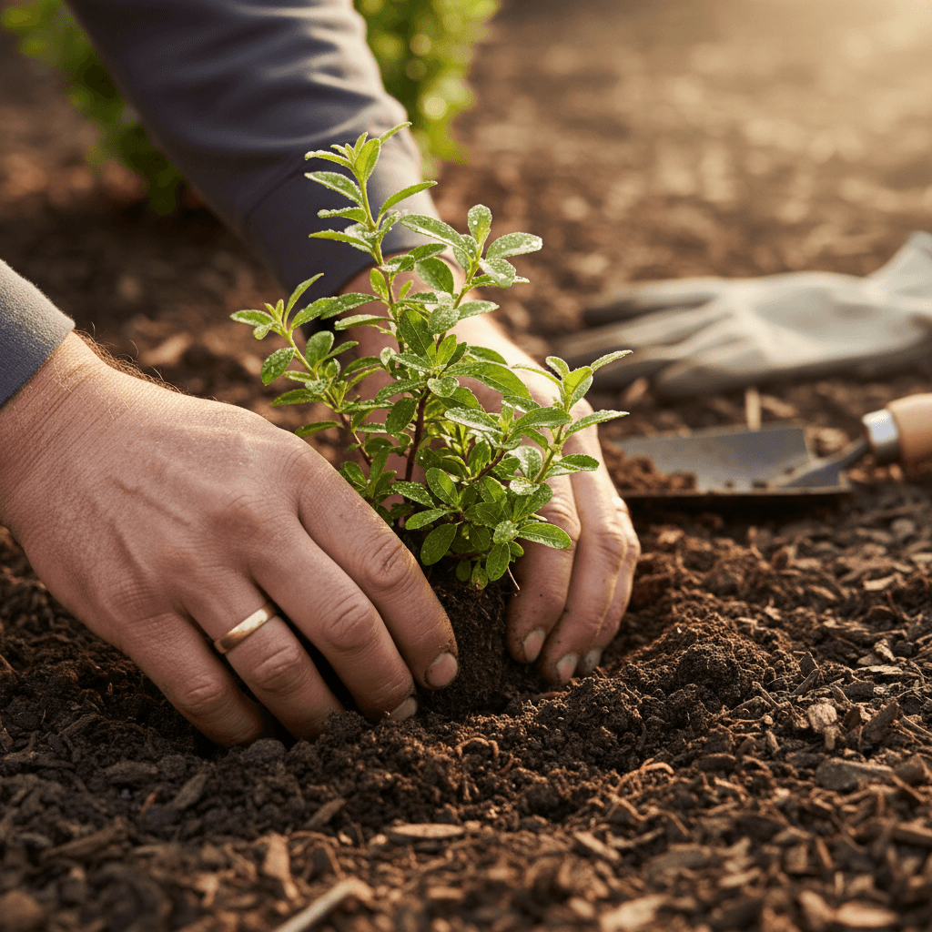 Careful shrub planting detail