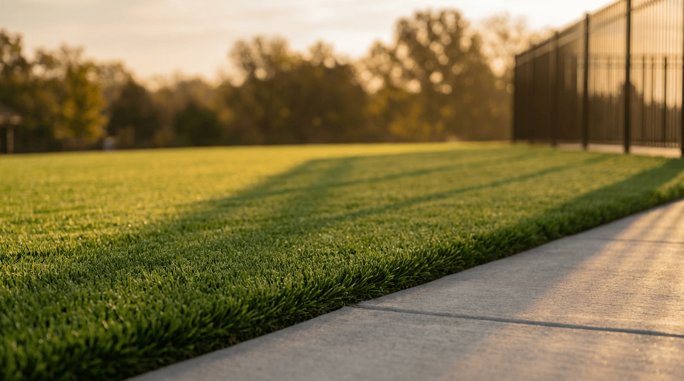Freshly seeded lawn with rolled topsoil and a sprinkler watering